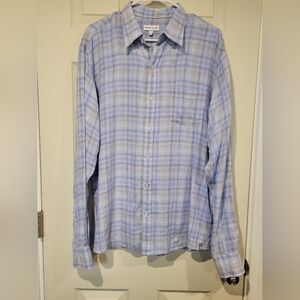 Peter Millar Beachwood 100% Linen Plaid Button Down Shirt Blue Tan Large